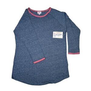 LuLaRoe Women's S Blue Heather 3/4 Sleeve Raglan Top Red Trim Rangers Unicorn